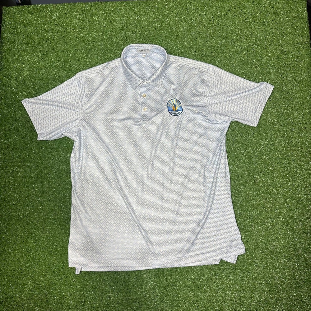 Peter Millar Summer Comfort Mens XL Blue White Golf Polo Rays of Puttshine Patch